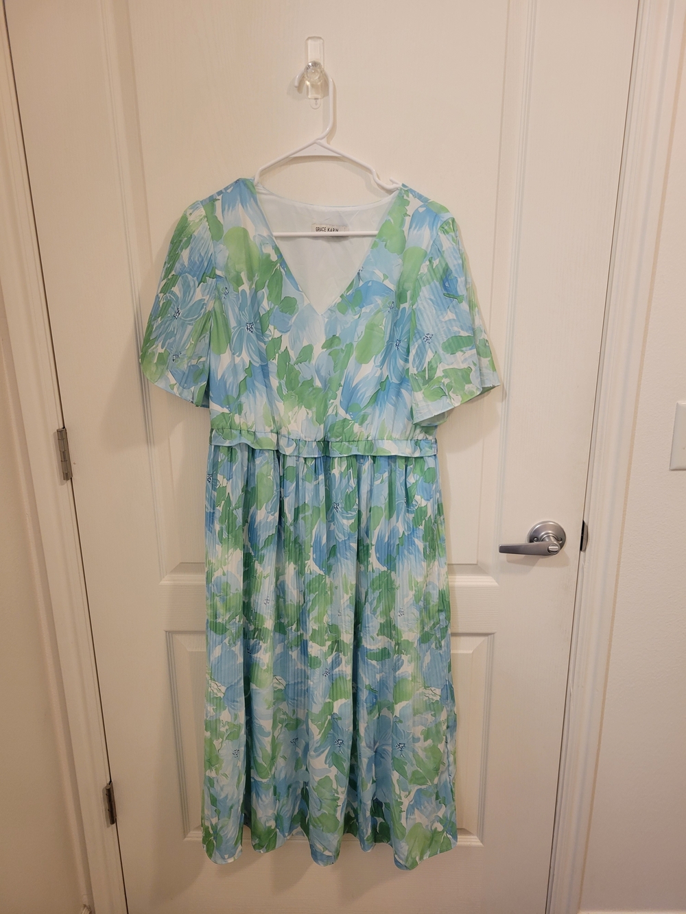 Grace Karin Blue and Green Floral V-Neck Midi Dress